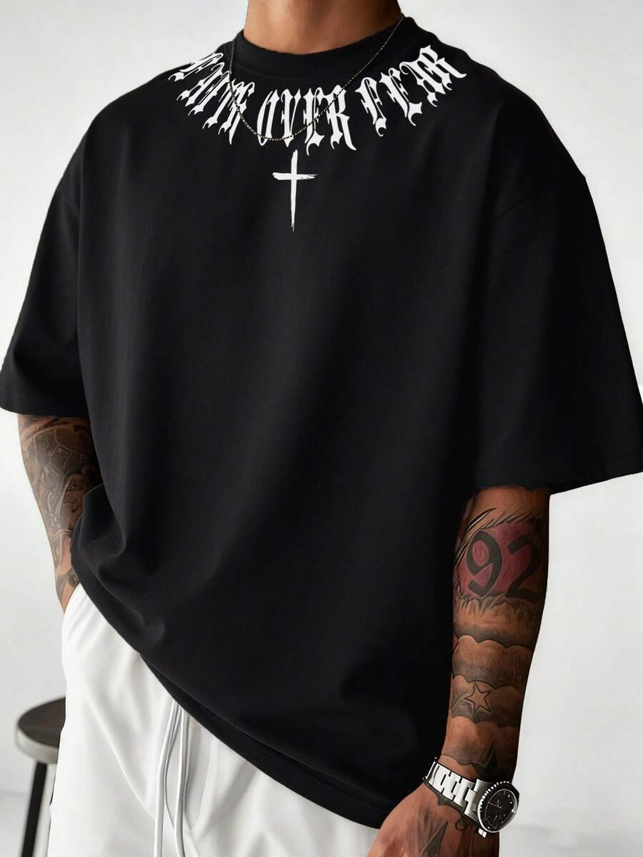 Zrgoth 男士休闲百搭简约英文标语印花短袖T恤 - 黑色 - 查看 1