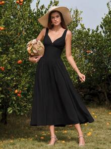 PARTHEA 优雅女士长款A字连衣裙，V领设计，露背褶皱胸衣，喇叭形下摆，无弹力面料，休闲风格 - 黑色 - 查看 7