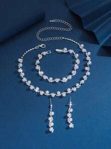 4pcs Set Elegant Crystal & Faux Pearl Decorated Women Jewelry Set - Includes Necklace, Earrings, Bracelet, Suitable For Bride, Wedding, Party - 白色 - 查看 3