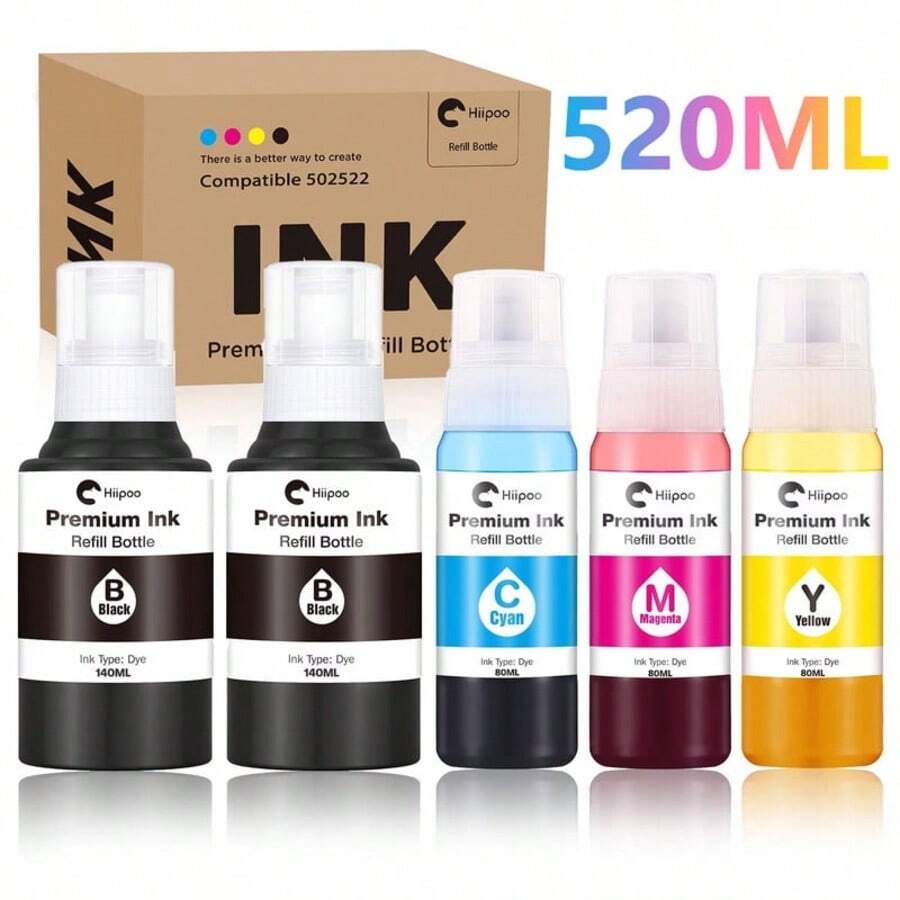 Hiipoo Refill Ink Bottle Replacement For Epson 502522 Compatible With Ecotank Printers ET-2750 ET2720 ET-2803 ET-2800 ET-3750 ET-4750 ET-3760 ET-4760 ET-2850 ET-4800 ET-3700 ET-15000 Printer - 彩色 - 查看 1