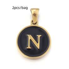 2pcs/Pack Stainless Steel Single-Sided Round English Letter Pendant, Fashionable Minimalist English Letter Pendant Necklace Accessory, DIY Jewelry Making Pendant - Black - View 18