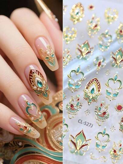 1 Piece Of Valentine's Day Embossed Nail Art Sticker Y2K Retro European Style Bronzing Masonry Enamel Pattern Love Flower Art Pattern Y2K Nail Art Decoration Sticker Suitable For Nails/Mobile Phone Case/Handbook Packaging Girly Heart Nail Art Design Holiday Gift DIY Handmade Decoration Sticker