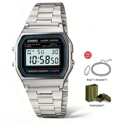 Casio 男女通用运动风电子表，复古不锈钢表带，方形表盘，具备日历、闹钟和秒表功能，防水设计，适合日常佩戴。A168WA-1，新年礼物，圣诞礼物