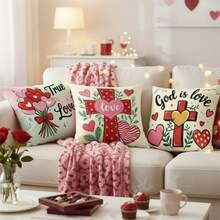 Fundas de almohada para San Valentín, 4 unidades, con estampado de corazones, letras y cruces, para decoración del hogar - Multicolor - Ver 2