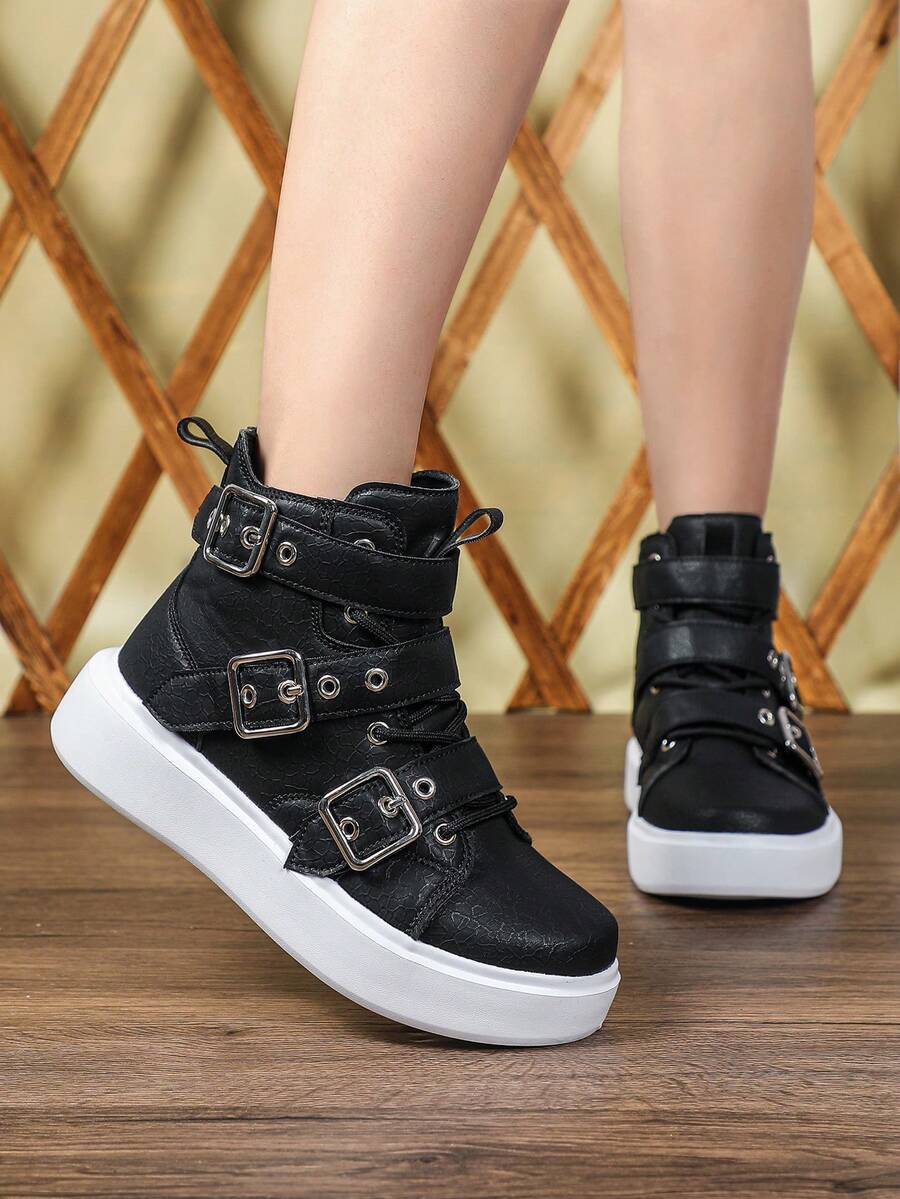 Street-Style Buckle High-Top Casual Shoes, Versatile And Stylish Ankle Boots With Both Texture And Personalized, Women's Boots For 2026 Punk Fashion Outfits, Gothic Shoes With Dark Embossed Uppers - Black - View 1