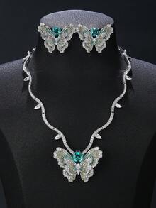 1 Bộ 4 món trang sức sang trọng phong cách đồng khảm đá Cubic Zirconia Bộ vòng cổ hoa tai trâm cài, vòng cổ hoa tai đa năng hình con bướm trang sức trâm cài - Bộ đồ sang trọng - Xem 5