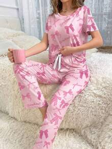 Women's Casual Bow & Letter All-Over Print Pajama Set - Multicolor - View 3
