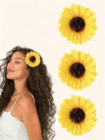 2pcs/3pcs Set Women Casual Vacation Bohemian Sunflower Hair Clips, Artificial Flower Hair Accessories, Photo Props