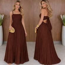 Long Pleated Dress With Back Tie And Built-In Bra Cups. Charming And Comfortable. Casual, Elegant, Sensual. Knotted Pleat Fabric. Perfect For Weddings. - 鏽棕色 - 查看 4
