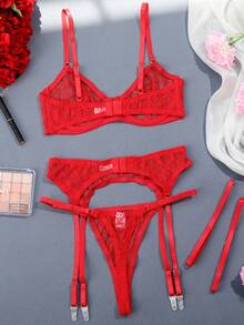 3件套性感女士蓝色网纱刺绣吊带背心内衣套装 - 紅色 - 查看 2