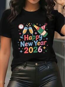 Women's Short Sleeve Happy New Year 2026 Graphic Tee Champagne Clock Confetti Print Crew Neck Casual T - Shirt Holiday Party Loose Fit Top - 黑色 - 查看 6