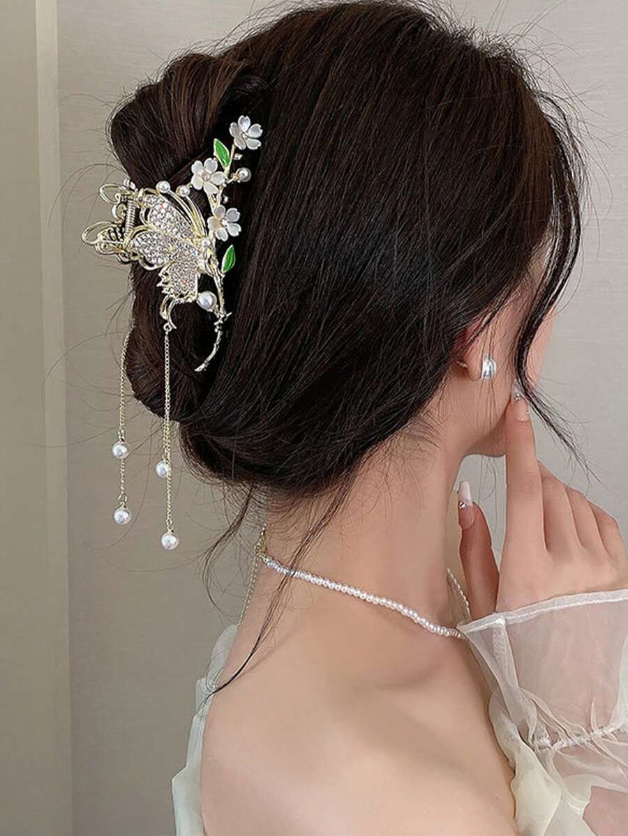 1pc Faux Pearl Rose Hair Claw Clip, Suitable For Everyday Wear Fashion Hair Clip Elegant Hair Accessories - Gold - View 1