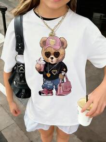 Valentine's Day Casual Printed Round Neck Short Sleeve T-Shirt, Tote Bag And Teddy Bear Pattern Inspire Imagination And Self-Expression, Summer Student And Children Clothing - White - View 5