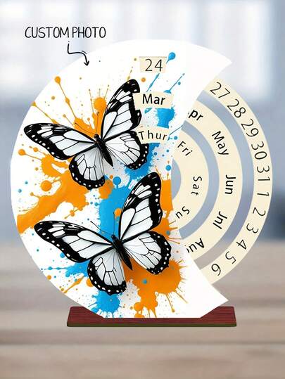 1pc Customizable Rotating Moon Phase Calendar - Customizable Photo & Date Display, Vintage Style Artificial Wooden Desktop Decor, Suitable For Home Office, Reusable 12-Month Annual Planner, No Electricity Required, Ideal For Christmas & New Year Gifts, Moon Decor