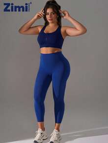 Zimi Collection 1pc Plus Size Women Seamless Wireless Zip-Front Sports Bra, Comfortable Racerback Design For Outdoor Cycling, Running, Yoga - Navy Blue - View 4