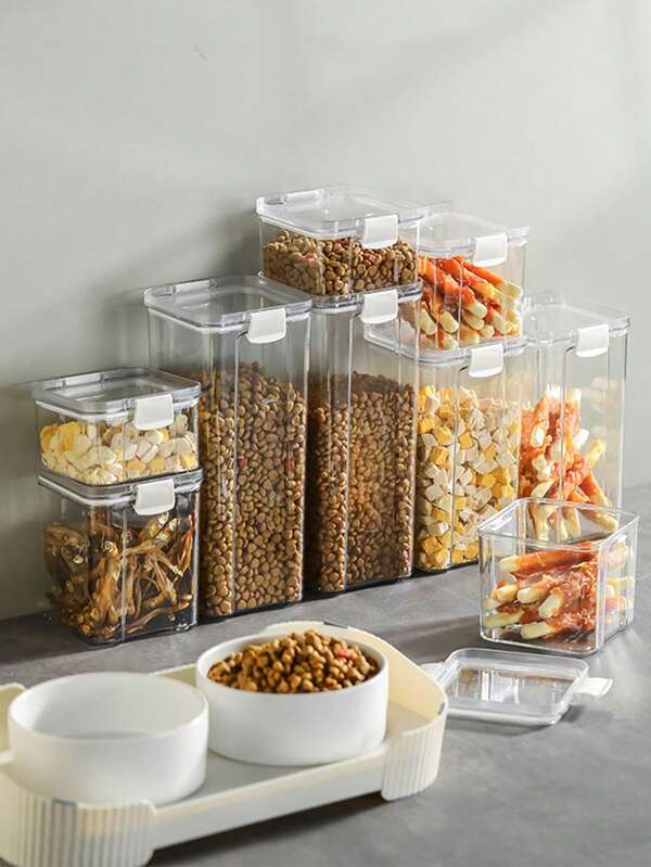 1个透明宠物食品储物盒，加厚PET材质，密封盖，多种尺寸可选，适用于存放宠物食品、宠物用品，多功能宠物碗