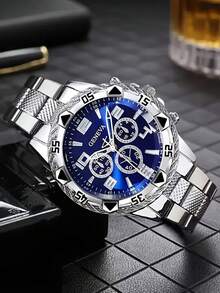 2pcs/Set Fashionable Business Men's Round Black Steel Band Quartz Watch, Paired With Diamond Bracelet Combination Gift Set, Suitable For Holidays, Parties, Business And Daily Wear - Blue - View 3