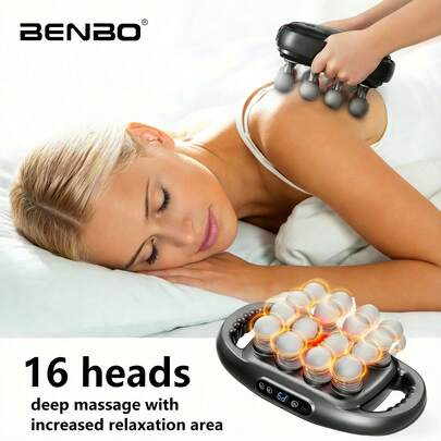  BENBO 16头按摩枪，深层组织按摩，适用于背部、肩部、颈部、腿部、足部，9种模式30种强度，有效缓解肌肉疼痛。