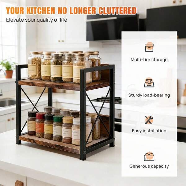  Rigogo 2-Tier Kitchen Organiser Shelf With Side Basket | Spice Rack & Coffee Station | Wood & Metal Storage Shelf For Countertop | Easy Assembly AL-XLJ