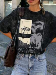 夏季新款简约时尚加州棕榈树拼接度假风印花休闲圆领短袖T恤，百搭女士黑色 - 黑色 - 查看 3