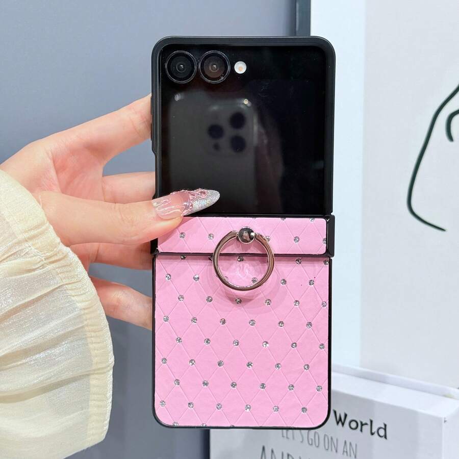 Pink Fashionable Luxury Rhombus Rhinestone Folding Phone Case With Ring Holder, Suitable Compatible With Samsung Galaxy Z Flip3 5G/Galaxy Z Flip 4 5G/Galaxy Z Flip 5 5G/Galaxy Z Flip 6 5G/Galaxy Z Flip 7 5G - Pink - View 1
