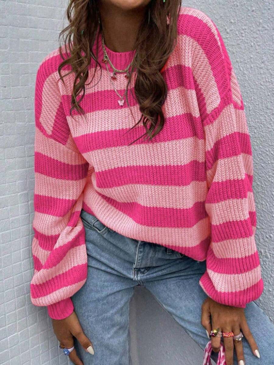Women's Casual Pink Striped Round Neck Long Sleeve Rib-Knit Pullover Sweater Top - Đỏ - Xem 1