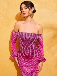 LOVE&LEMONADE Fuchsia Sequin Off-Shoulder Long Sleeve Backless Split Party Dress - Hot Pink - View 2
