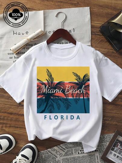 Damen Sommer Kurzarm T-Shirt mit Miami Beach Florida Grafik-Muster, Vintage Lässig Crew Neck Loose Fit Top für Urlaub, Streetwear, Alltag