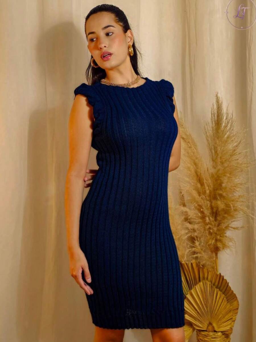 Vestido Midi Tricô Modal Feminino Detalhes Casual Moda Tricot Justo Texturizado Básico Elegante Moda Verão