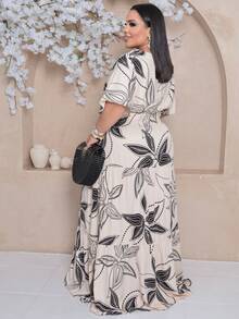 Plus Size Long Dress With V-Neck And Short Sleeves - Nude Print - View 2