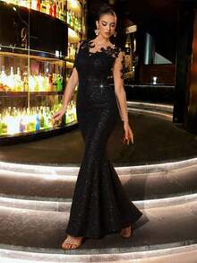 CHOSMO 优雅纯色亮面针织露背女士礼服，适合婚礼宾客、返校节、派对、周年纪念、音乐节、鸡尾酒会、正式晚宴、毕业典礼、舞会、旅行、舞台表演等场合，春季黑色 - 黑色 - 查看 7