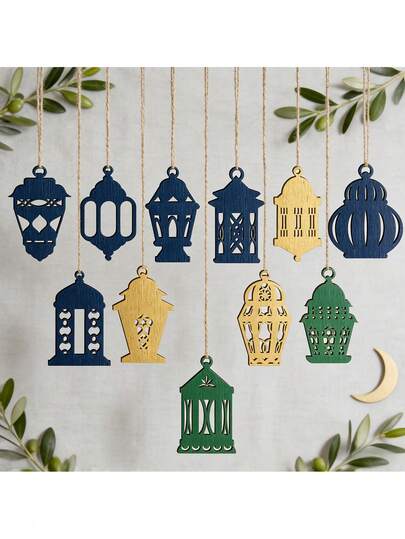 12pcs Unfinished Ramadan Wooden Lantern Decor Set - Islamic Lantern & Crescent Ornaments For Eid Mubarak Festival, Hanging Decor For Muslim Home Iftar Celebrations, DIY Cultural Craft Project