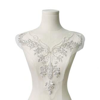 1pc White V-Neck Floral Lace Applique Embroidered Trim Collar Patch, Decoration For Wedding Dress