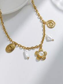 1件时尚3D珍珠花朵吊坠不锈钢手工项链，适合女孩佩戴，时尚精致，完美适用于派对、节日和日常佩戴，黄金首饰，返校季必备单品 - 金色 - 查看 3