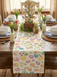 2026 Easter Decorative Watercolor Macaron Table Runner, Waterproof And Stain-Resistant Polyester Rectangular Tablecloth With Rabbit, Eggs, Chicks, Tulips Pattern, Suitable For Family Gatherings, Spring Picnics, Outdoor Parties, Afternoon Tea - Multicolor - View 4