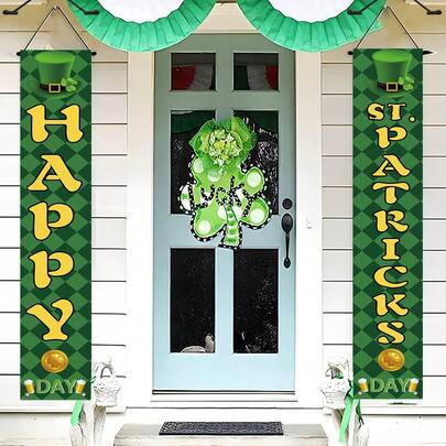1 par de banderines de fiesta del Día de San Patricio hechos de poliéster, banderín de fiesta con trébol de la suerte irlandés, ideal para decorar el porche delantero, patio, garaje y fondo del hogar, decoración festiva