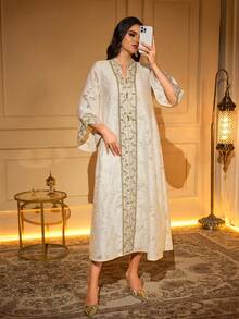 Elegant Notched Neck Long Sleeve Maxi Dress, Made Of Long Woven Fabric With Applique And Ruffle Details - Apricot - View 5