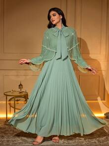 Elegant Women's Pleated Maxi Dress With Beaded Pearl Cape And Round Neck Long Sleeves Non-Stretch Fabric For Special Occasions - Mint Green - View 5