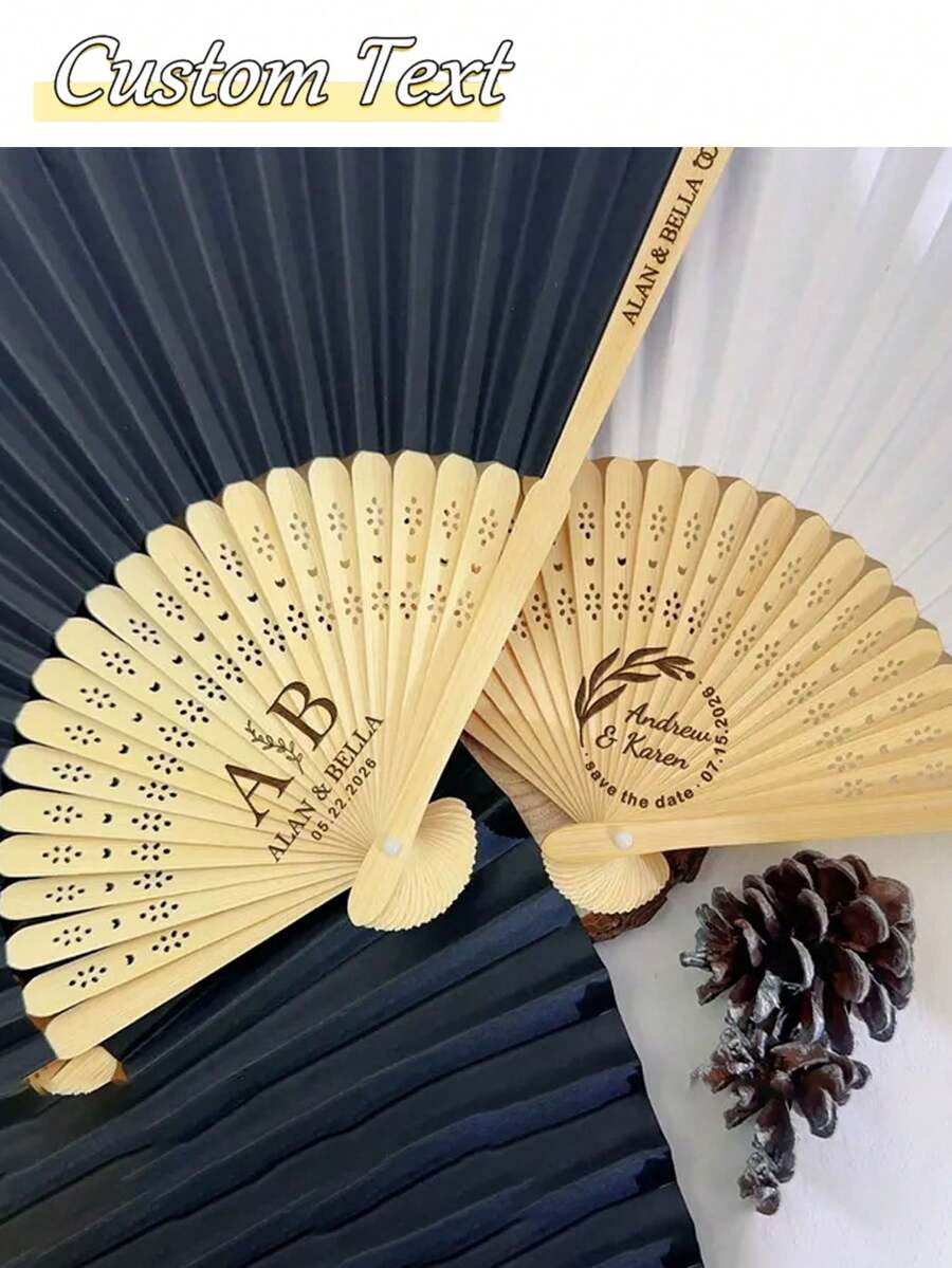 个性化姓名、照片、白色布艺扇子、竹制扇骨婚礼扇、派对礼品手持扇、纸竹个性化手持扇，白色、粉色、黑色可选，适合婚礼、单身派对、女孩节日礼物、婚礼、生日、婴儿派对、新娘等场合。 - 彩色 - 查看 1