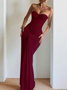 The Ultimate Statement Gown: A Strapless Corset With Ruffle Tie & Lace Panel For The Gala - Burgundy - View 2