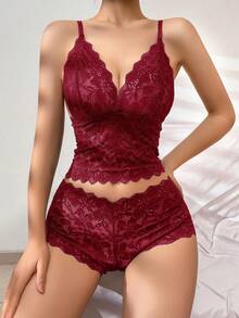 Bộ áo lót và áo ngực ren hoa dành cho nữ - Màu Đỏ Sâu - Xem 4