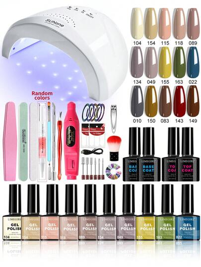 LIMEGIRL 38 Stücke Gel-Nagellack Set mit UV-Lampe, 15 Farbtöne Nude Gel-Nagellack Set inklusive Base Coat und Matt-/Glanz-Versiegelung, DIY Maniküre Dekorationswerkzeuge, Geschenk für Frauen Nägel
