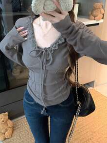 Sexy V-Neck Long Sleeve Lace Trim Fitted T-Shirt For Women, Autumn/Winter - Grey - View 2