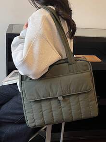 14-Inch Large Capacity Quilted Design Tote Bag & Laptop Bag, Lightweight Nylon Material, Front Flap Dual Pockets, Built-In Laptop Compartment & Multiple Inner Pockets, Fits 14-Inch Laptop, Books & Files, Minimalist Chic Style, Suitable For Working Women Commute, Business Travel And Students Laptop Case Laptop Sleeve Laptop Cover Computer Bag Carrying Hand Bag Water Resistant Travel Essentials - Multicolor - View 4