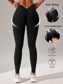 Quần legging nữ mềm mại, cạp cao, lưng chữ V, không đường may, quần yoga nâng mông, quần legging tập thể dục không đường may. - màu đen - Xem 3