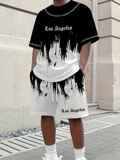 KOVSEE Set de 2 piezas: Camiseta de manga corta con estampado de letra Los Ángeles + Pantalones cortos, conjunto de verano informal con bolsillos con cordón, conjunto de pantalones cortos y camiseta de manga corta con estampado 3D de moda para hombre