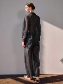 Sollinarry Bộ đồ nữ mùa xuân/hè mới: áo sơ mi kẻ sọc xuyên thấu có túi trang trí và quần ống rộng xếp ly, thích hợp cho công sở và du lịch. - Đen và trắng - Xem 9