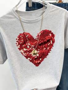 Camiseta casual de mujer con patrón de corazón de lentejuelas rojas, de moda, cómoda, transpirable, versátil para primavera/verano, clásica de manga corta y cuello redondo - Gris Claro - Ver 3