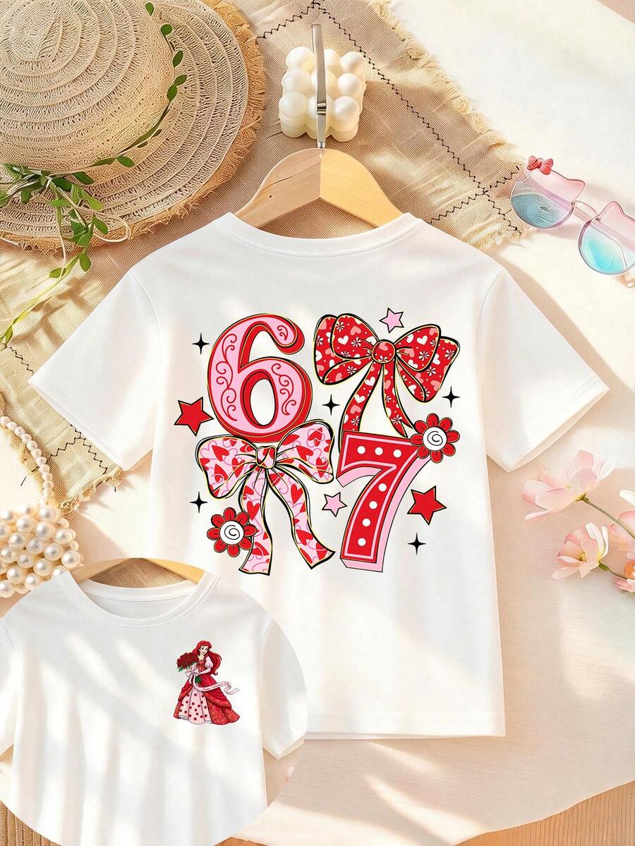 Disney Apparel Featuring A Valentine's Day-Themed T-Shirt For Girls With Princess Ariel's Number "67" Design. This Soft, Breathable Short-Sleeve Crew Neck Tee Is Perfect For Spring And Summer Wear, Ideal For Everyday Outfits, Vacation Leisure, Outdoor Adventures, School Life, And Shopping Trips. It Also Makes An Excellent Gift For Boys And Girls Alike. Every Child Deserves One. - 白色 - 查看 1