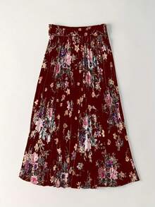 Falda casual de poliéster con cinturón de satén con estampado floral, plisada, ajustada, elegante y casual, adecuada para todas las estaciones, Día de San Valentín, vacaciones, verano - Burdeos - Ver 3